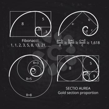 Scheme of golden ratio section, fibonacci spiral on blackboard vector illustration. Geometric harmony, spiral line