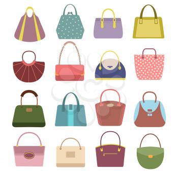 Casual womens leather handbags and purses. Ladies bags vector icons isolated. Lady handbag, fashion elegance bag illustration