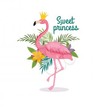 Cute cartoon pink flamingo queen with crown. Sweet dreams girly vector greeting card, fashion little princess t-shirt design. Illustration of exotic animal bird