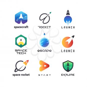 Space rockets, shuttles launch, spaceship, aviation and futuristic aircraft. Vector retro logos and badges isolated. Illustration of rocket badge, spaceship logo travel