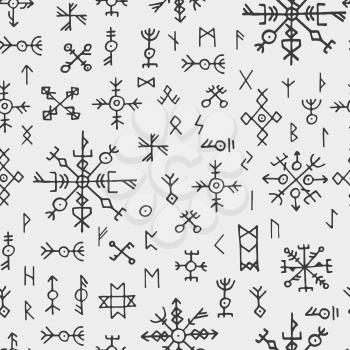 Futhark norse viking runes and talismans. Nordic pagan awe seamless vector pattern. Norse viking symbol, magic pattern scandinavian illustration