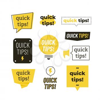 Quick tips, helpful tricks vector logos, emblems and banners vector set isolated. Helpful idea, solution and trick illustration