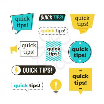 Advice, tip, quick tips, helpful tricks and suggestions vector logos, emblems and banners vector set isolated. Advice and message, badge phrase exclamation illustration