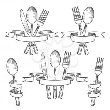 Silverware, cutlery, dinner table utensils. Knife, spoon and fork in retro banner ribbons hand drawing set. Kitchen vector emblems. Set of flatware restaurant with ribbon illustration