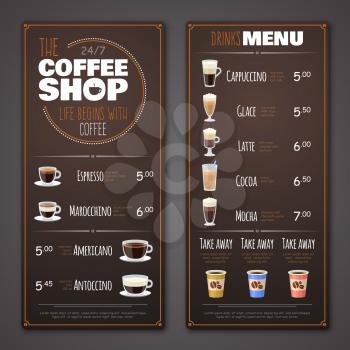 Coffee shop menu vector design template. Cafe shop banner with drink illustration