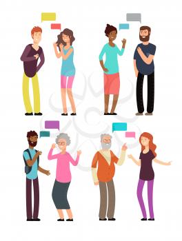 Conversation between people of different age, gender and nationality. Man and woman talking with speech bubbles vector set isolated. Speak and chat, meeting and communication discussion illustration