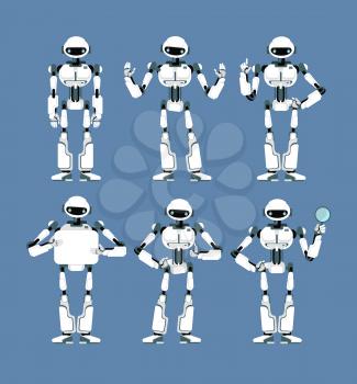Cybernetic robot android with bionic arms and eyes in different poses. Cute cartoon scifi humanoid mascot set. Collection of artificial robotic futuristic, vector illustration