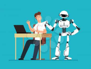 Robot employee kicks away human worker from workplace. Artificial intelligence, man replacement, future jobless vector concept. Machine control, cyborg better human illustration