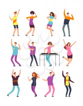 Happy young people dancing. Man and woman cartoon dancers isolated on white background. Illustration of disco dancer male and female