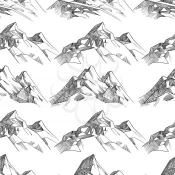 Pencil sketched mountains seamless pattern monochrome black background. Vector illustration