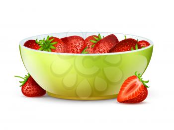 Bowl of strawberries isolated on white background. Realistic berries and bowl vector illustration. Breakfast health