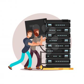 Two male computer engineers, IT specialists with database servers. Vector illustration