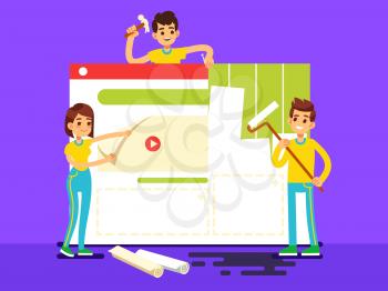 Website development with developers creating content. Web construction vector concept illustration. Team designers man and woman