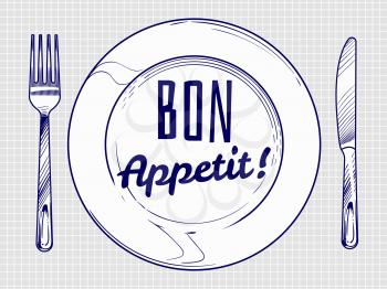 Dinner plate with knife and fork. Doodle sketch tableware and dish. Restaurant vector poster and banner illustration