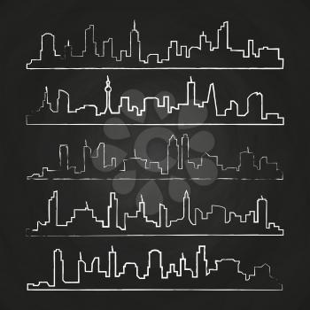Grunge building line of town. Hand drawn urban vector cityscape set on chalkboard illustration
