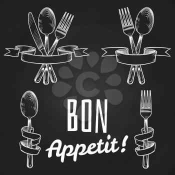 Sketched silverware, cutlery, dinner table utensils in retro banner ribbons on blackboard. Vector illustration