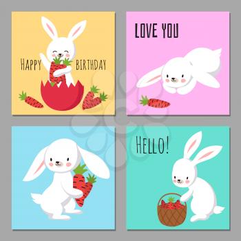 Printable cards collection with cartoon character bunnies with carrots. Vector illustration