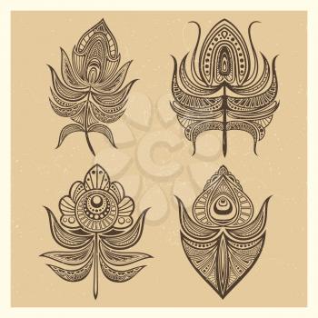 Vintage mandala style feathers collection isolated vector illustration retro of set