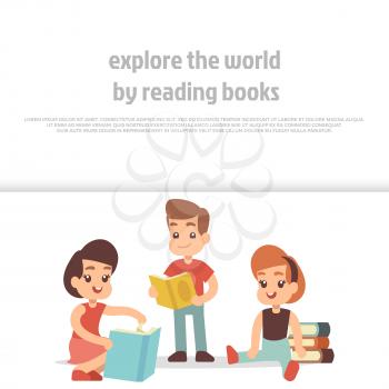 Little kids reading books. Cartoon character children vector banner and poster design. Vector illustration