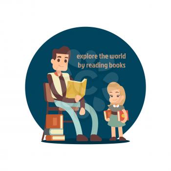 Young man father reading book to little girl daughter vector illustration