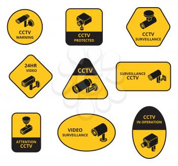 Security camera cctv, surveillance outdoor television cameras vector warning stickers. Video safety, cctv watching control, surveillance and security illustration