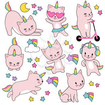 Cartoon cute white cat unicorns. Funny caticorn kittens vector set. Character funny animal kitten with horn illustration