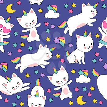Cute cats unicorn vector seamless pattern for kids textile print. Illustration of kitten horned comic and colored star