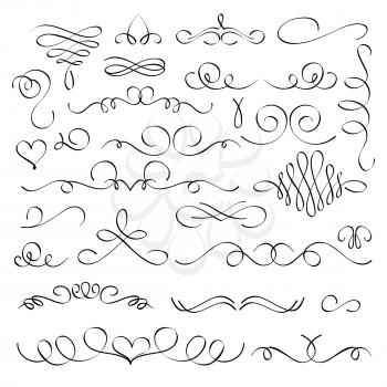 Hand drawn flourish elements, vintage calligraphic swirls. Vector ornaments isolated. Illustration of decoration ornate, flourish scroll