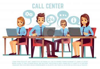 Group of operators with headset supporting people in call center office. Business support and telemarketing vector concept. Illustration of online consultant communication, feedback, helping hotline
