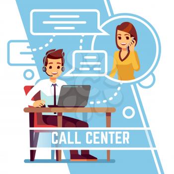 Operator man talking with happy smiling client on phone. Supporter in headset consulting customer. Cartoon vector illustration. Service for customer, support business operator