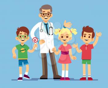 Cute male pediatrician doctor and happy healthy kids. Childrens healthcare vector concept. Pediatrician medical, doctor and children illustration