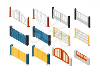 Isometric fences. Wooden fence, garden railing. Isolated 3d vector set. Railing fence border, architecture exterior wall protection illustration