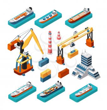 Isometric 3d ships, cranes, sea port building, lighthouse and shipping containers vector marine logistic set isolated. Sea crane and industry building illustration