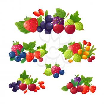 Fresh summer berries. Strawberry, blackberry, blueberry, cherry, raspberry cartoon vector set. Fruits food sweet, berry vitamin illustration