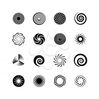 Swirling circles. Abstract spirals and liquid twirls. Hypnotic shapes black vector graphic isolated on white background. Spiral circle, twirl and swirl rotation icon of collection illustration