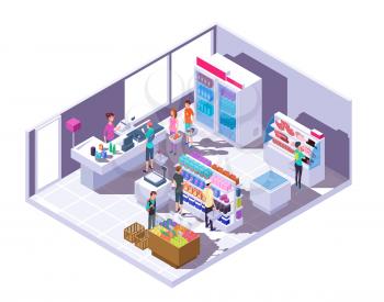 Isometric grocery store interior. Supermarket interior with shopping people and food on shelves and fridge. 3d vector illustration. Isometry indoor market with people and food