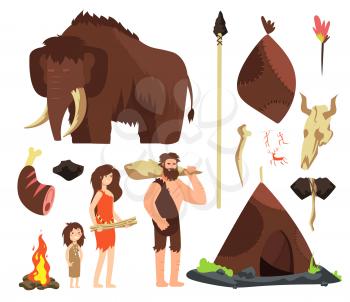 Caveman. Cartoon neolithic people characters. Prehistoric neanderthal family with animals and weapons. Isolated vector set. Mammoth and hut, neanderthal ancient people illustration