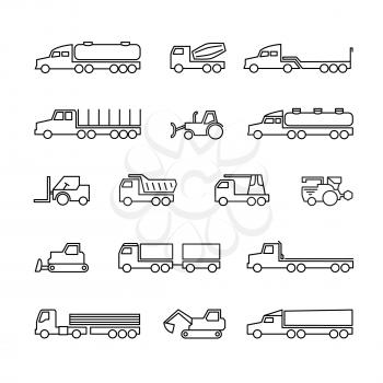 Construction machines. Trucks, tractors and heavy equipment line icons. Vector transport tractor, transportation machine bulldozer and loader illustration
