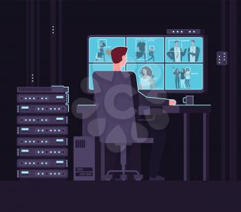 Surveillance monitoring room. Man watching surveillance camera on monitor in dark control room. Security service and cctv vector concept. Surveillance guard control, watching man screen illustration