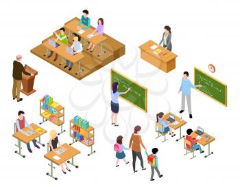 Isometric school. Children and teacher in classroom and library. People in uniform and students. School education vector 3d concept. Library and classroom, education school class illustration