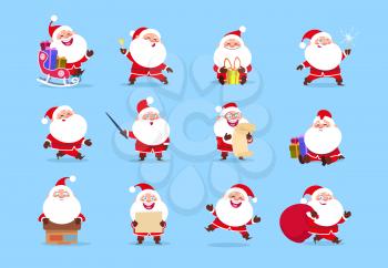 Santa character. Funny cartoon cute santa claus characters with different emotions, vector element for christmas greeting card. Illustration of xmas character joy and happy