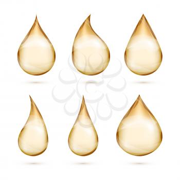 Realistic vector oil drops set isolated white background. Illustration of transparent oil drop