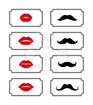 Ladies and gentlemen bathroom symbols. Vector lips and mustache. Female and male element illustration