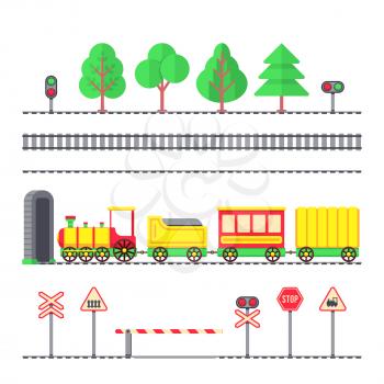 Cartoon toy passenger train, kids railroad, railway signs and semaphores. Toy train locomotive with wagons, illustration of element tree and train for railroad