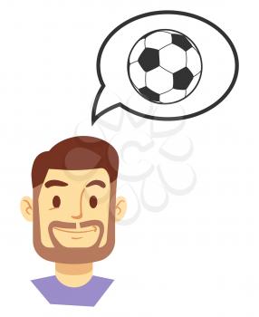 Smiling man thinking about soccer game vector illustration. Footbal fun happy