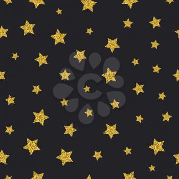 Vector gold glitter stars seamless pattern black background. Backdrop with foil star illustration