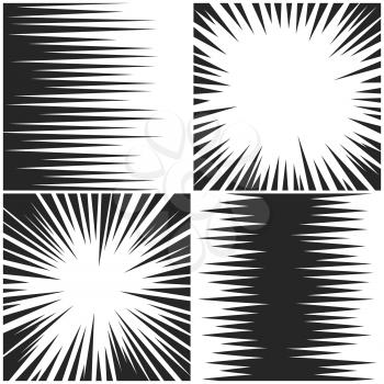 Horizontal and radial speed lines graphic manga comic drawing vector backgrounds set. Striped effect manga radial line, illustration of comic book effect explosion