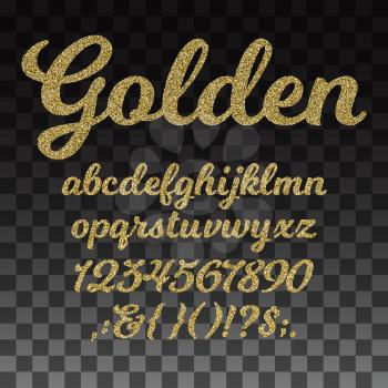 Gold glitter vector font, golden alphabet with lowercase letters, numbers and symbols. Golden abc and signs question exclamation, illustration of golden typeset and number