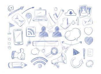 Social media network vector doodles, internet computer hand draw icons. Set of sketch social media elements