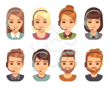 Call center man and woman operator business avatars. Cartoon people agent faces with headset. Support and contact vector flat icons. Call operator with headset, support customer service illustration